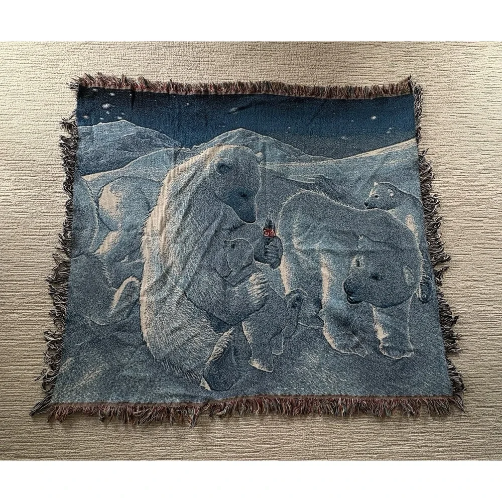 Vintage‎ Coca-Cola Polar Bear Woven Tapestry Throw Blanket 48x57 90s Rare